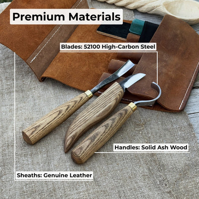 4-piece spoon carving tool set with sharpening board and leather case by Sharky Forged Steel Tools