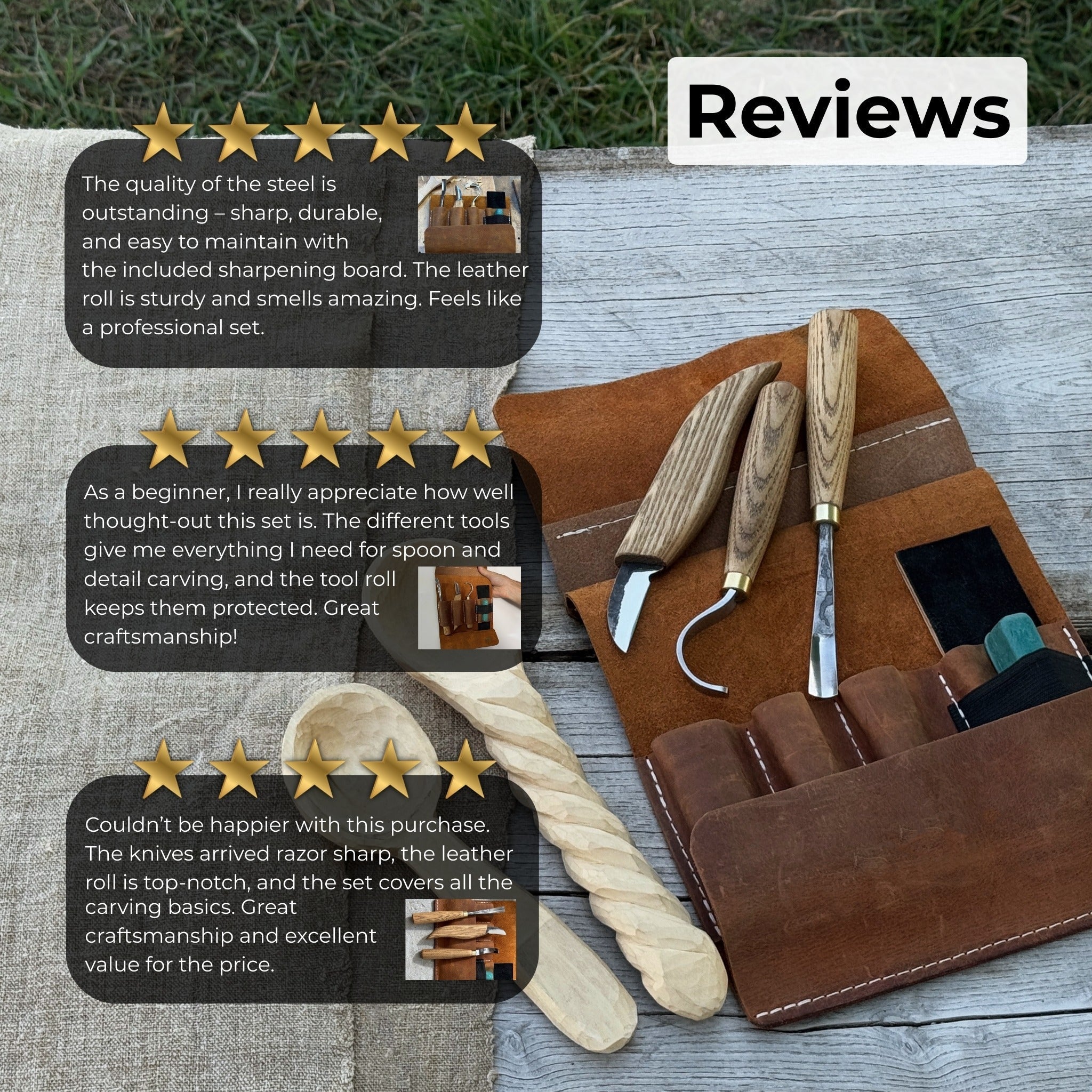 4-piece spoon carving tool set with sharpening board and leather case by Sharky Forged Steel Tools