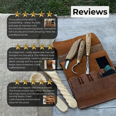 4-piece spoon carving tool set with sharpening board and leather case by Sharky Forged Steel Tools
