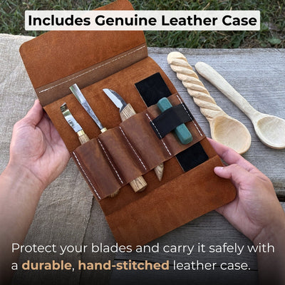 4-piece spoon carving tool set with sharpening board and leather case by Sharky Forged Steel Tools
