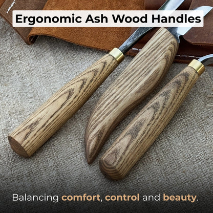 4-piece spoon carving tool set with sharpening board and leather case by Sharky Forged Steel Tools