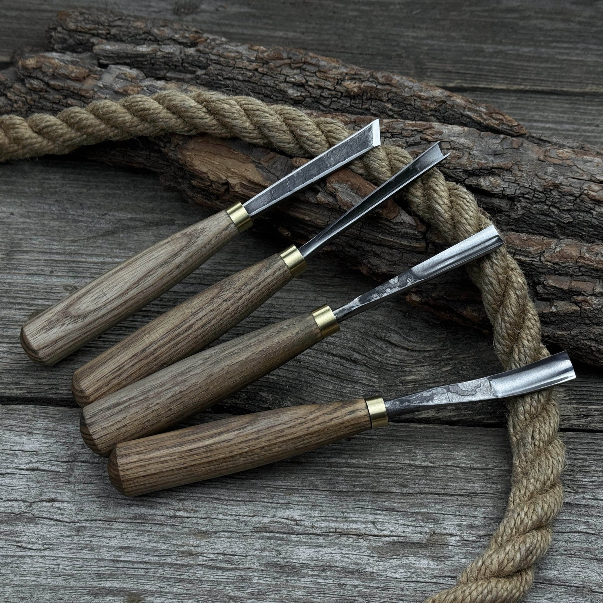 4-piece wood carving chisel and gouge set with ash wood handles and forged steel blades