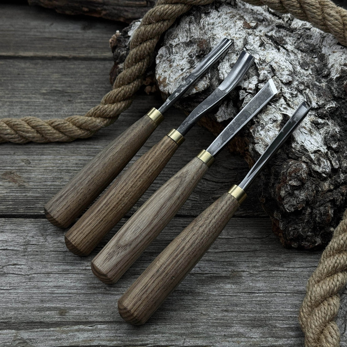 4-piece wood carving chisel and gouge set with ash wood handles and forged steel blades