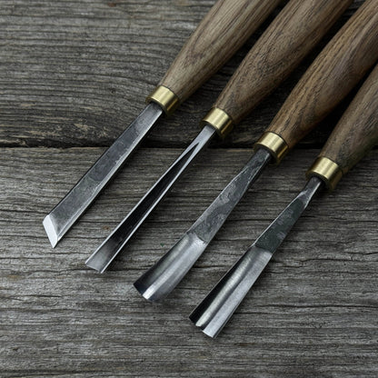 4-piece wood carving chisel and gouge set with ash wood handles and forged steel blades