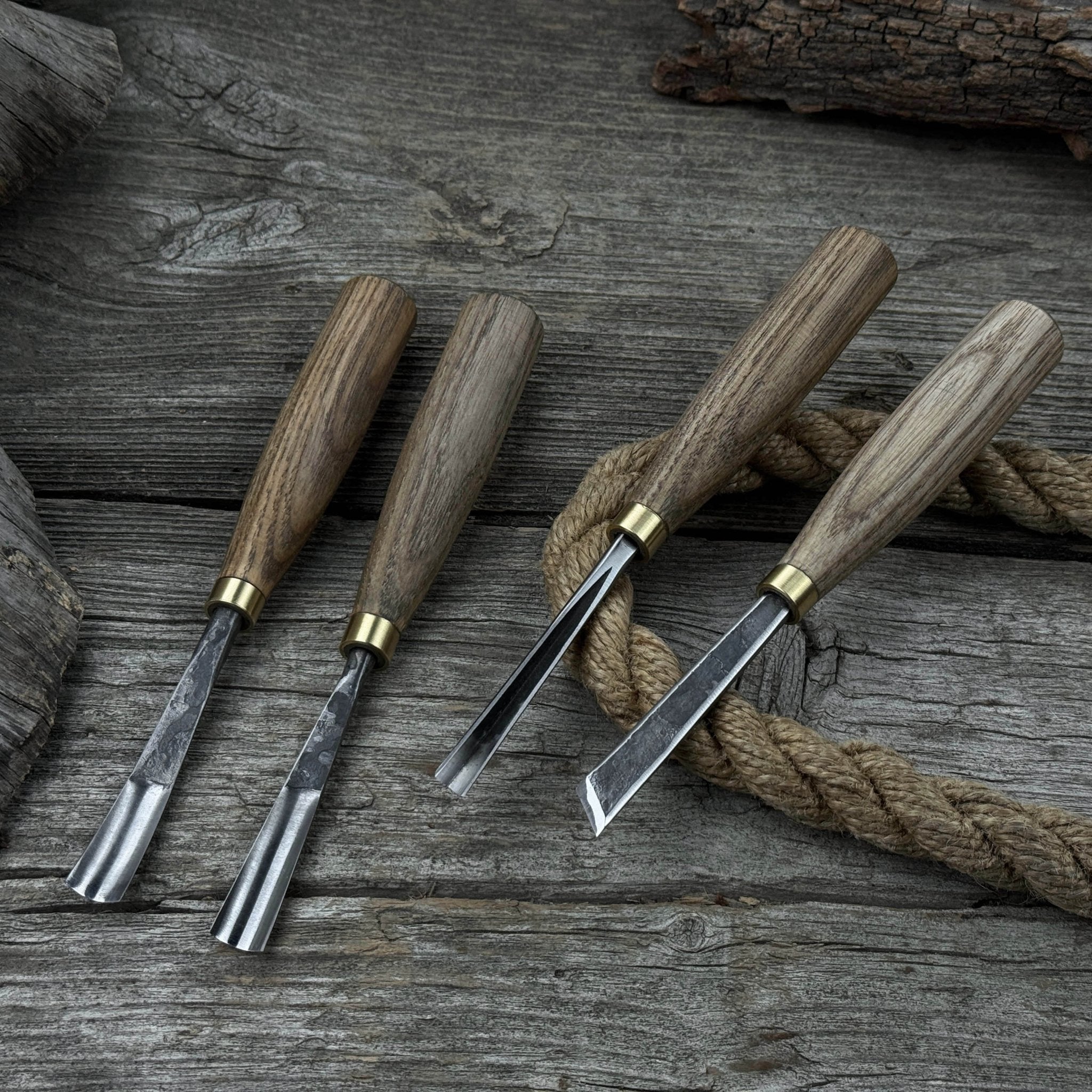4-piece wood carving chisel and gouge set with ash wood handles and forged steel blades