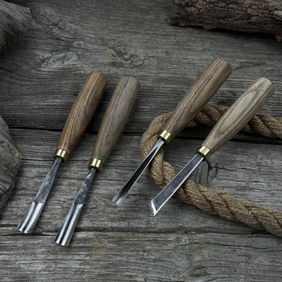 4-piece wood carving chisel and gouge set with ash wood handles and forged steel blades