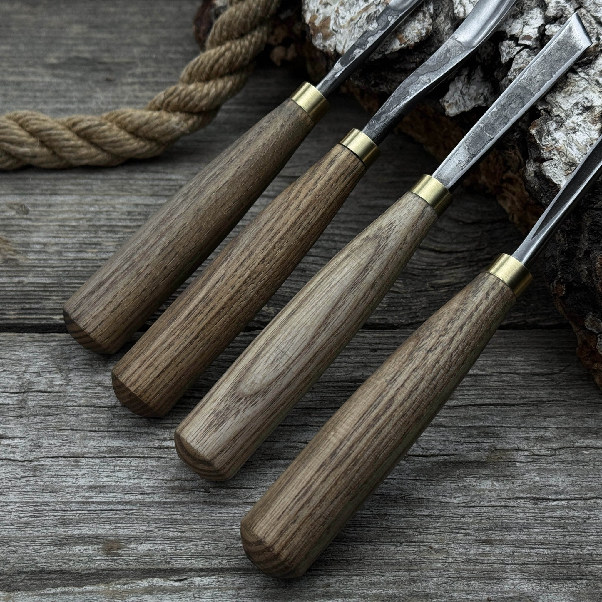 4-piece wood carving chisel and gouge set with ash wood handles and forged steel blades