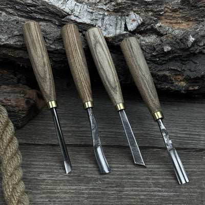 4-piece wood carving chisel and gouge set with ash wood handles and forged steel blades