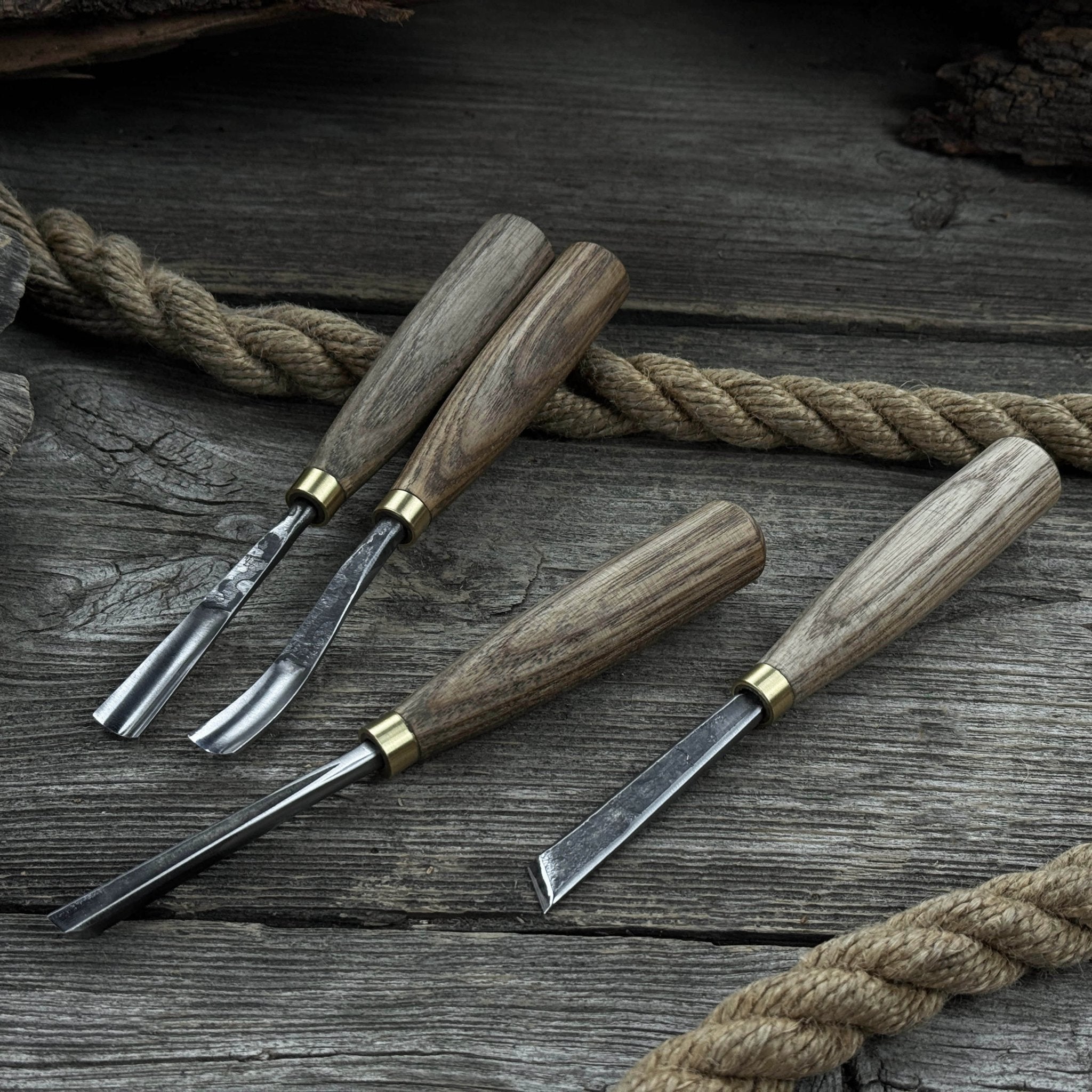 4-piece wood carving chisel and gouge set with ash wood handles and forged steel blades