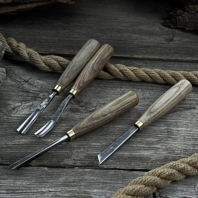 4-piece wood carving chisel and gouge set with ash wood handles and forged steel blades