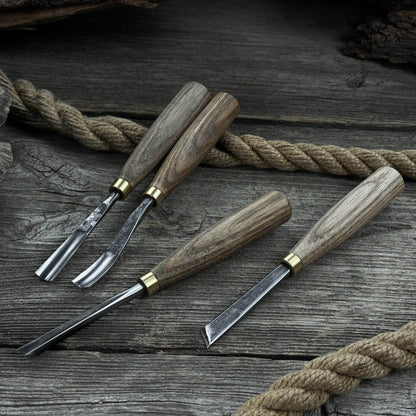 4-piece wood carving chisel and gouge set with ash wood handles and forged steel blades