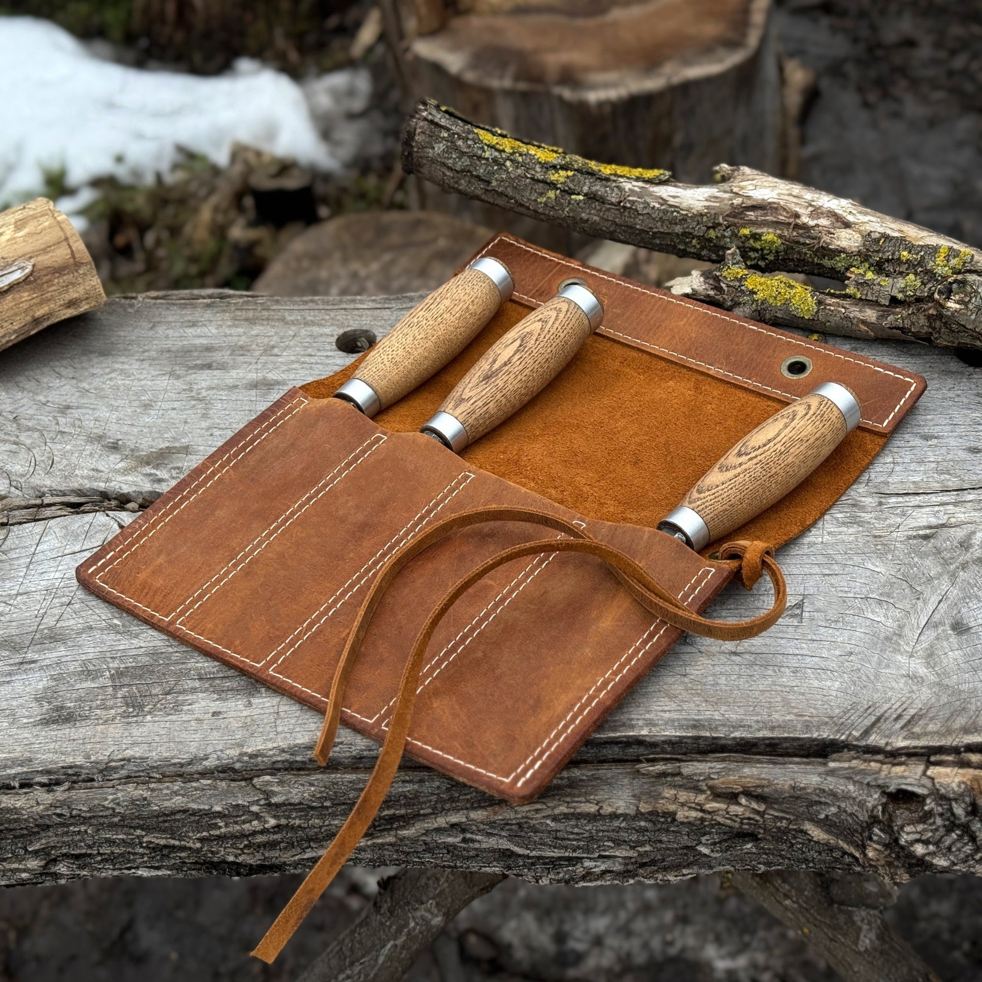 Handmade 4 Pocket Leather Chisel Roll by Sharky Forged Steel Tools