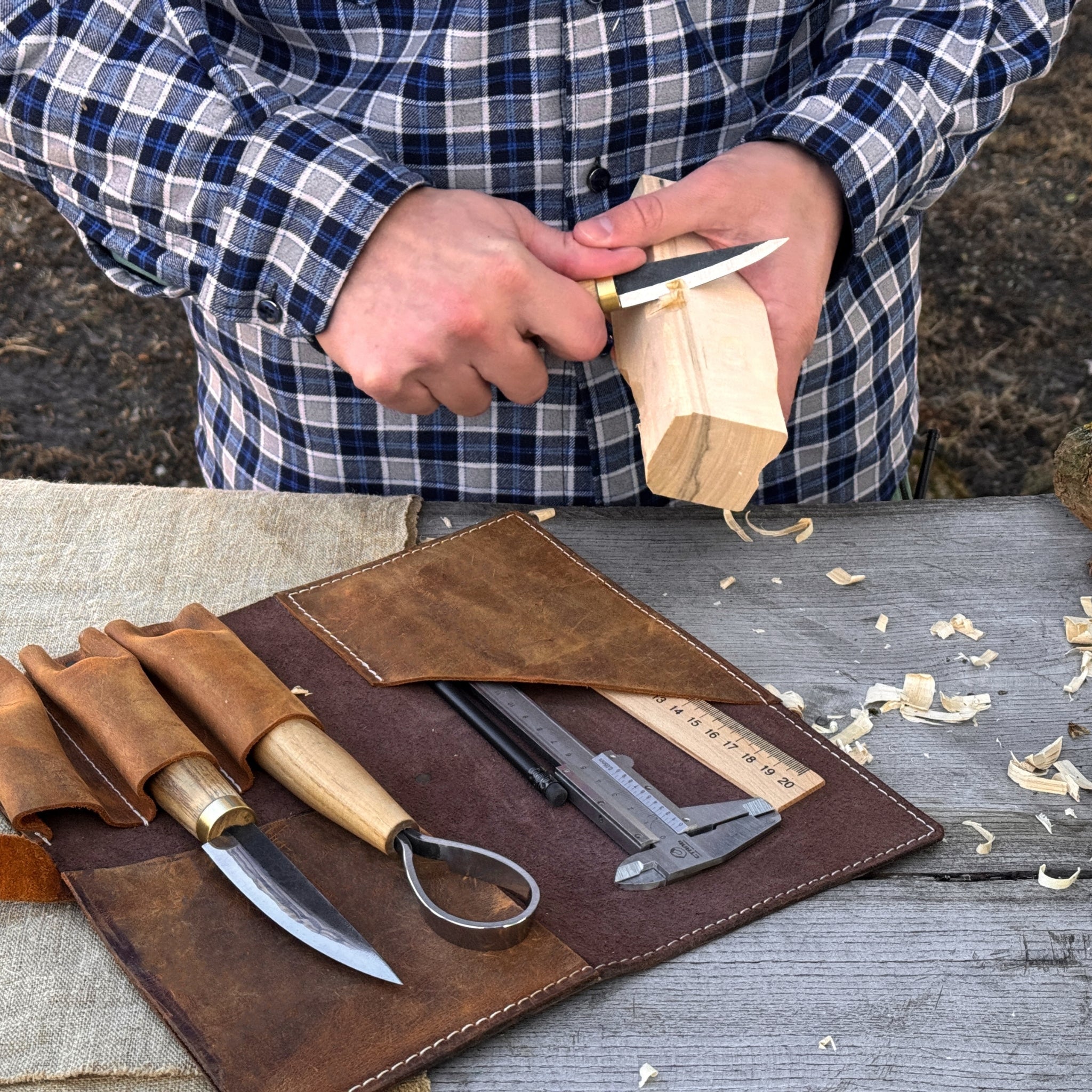 Handcrafted 4 pocket leather tool roll for carving tools by Sharky Forged Steel Tools