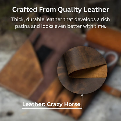 Handcrafted 4 pocket leather tool roll for carving tools by Sharky Forged Steel Tools