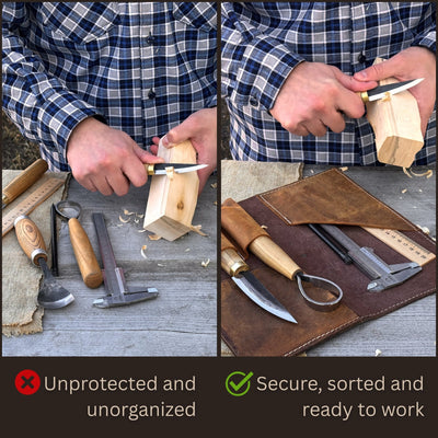 Handcrafted 4 pocket leather tool roll for carving tools by Sharky Forged Steel Tools