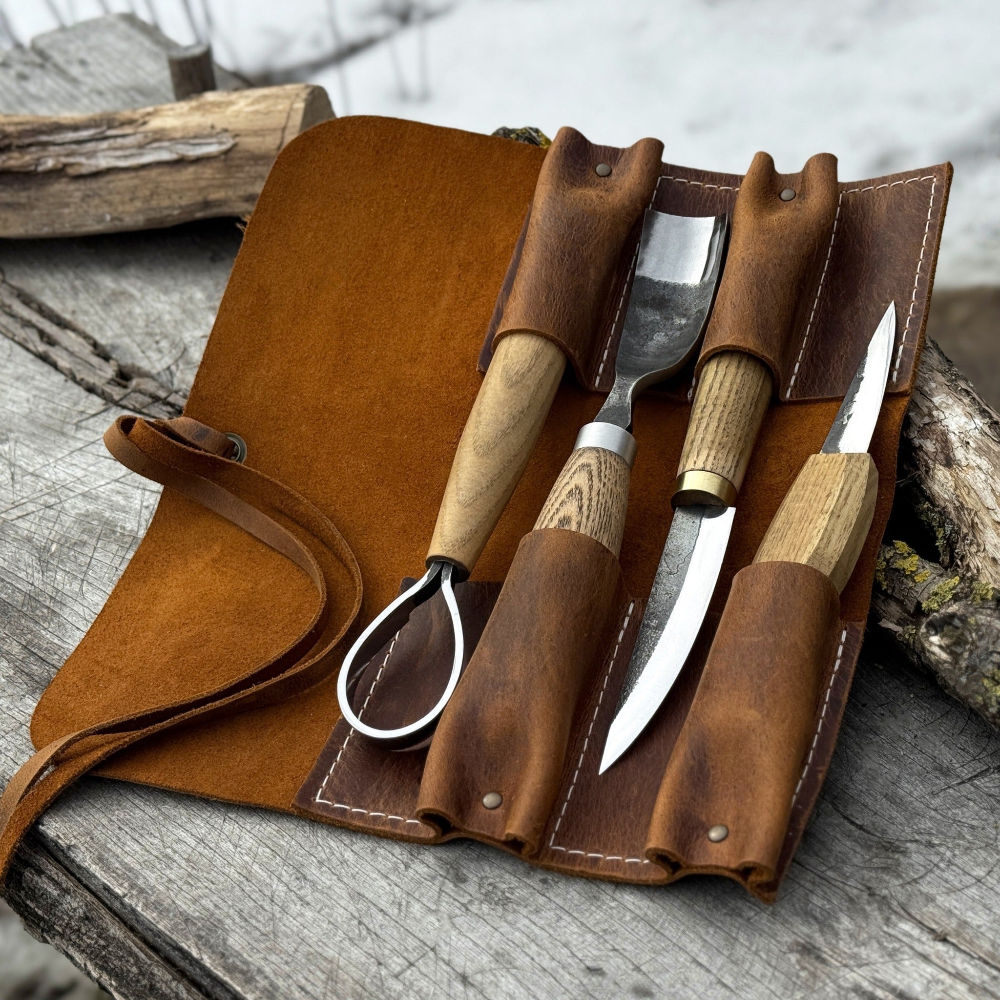 Handmade 4 Pocket Leather Tool Roll made from Crazy Horse leather by Sharky Forged Steel Tools