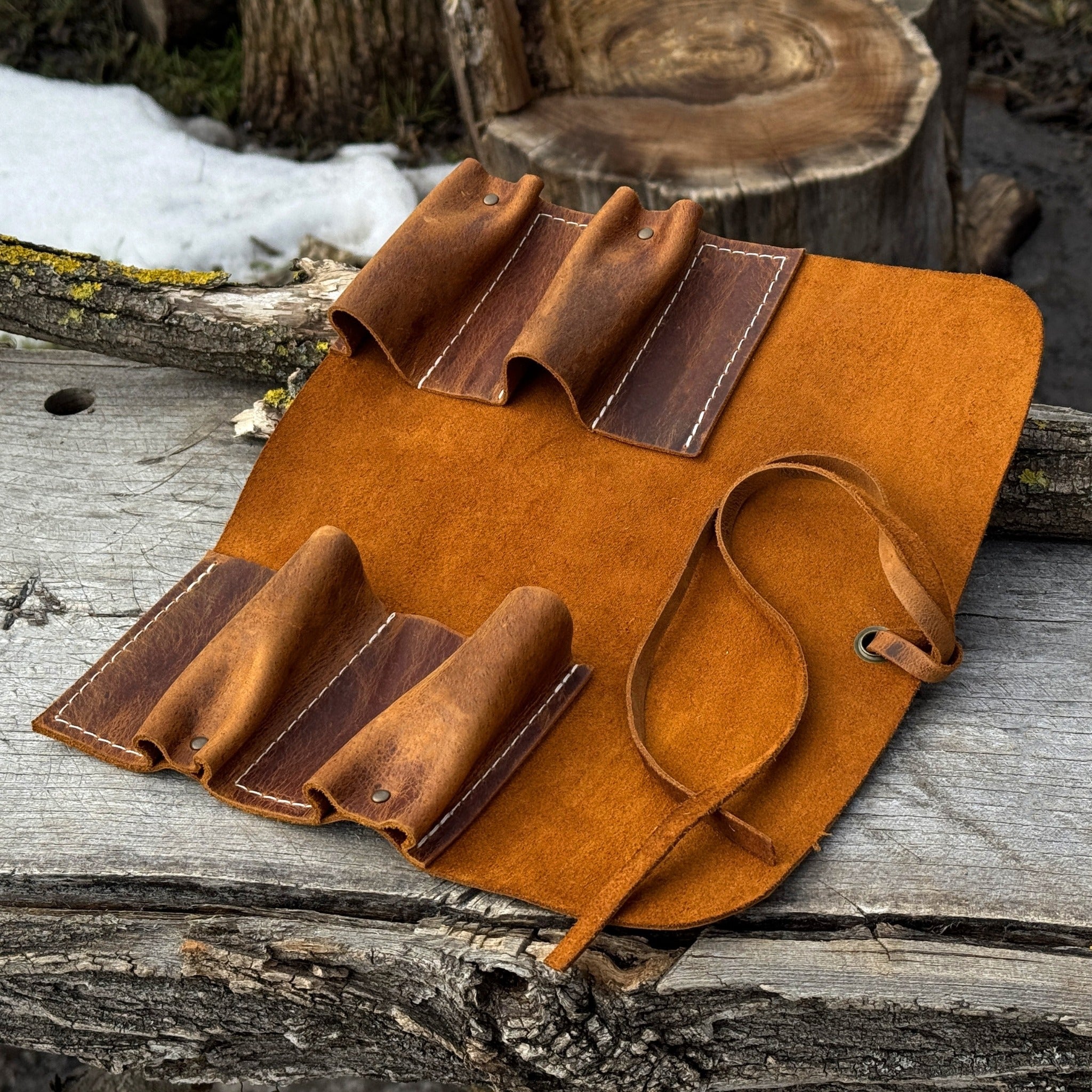 Handmade 4 Pocket Leather Tool Roll made from Crazy Horse leather by Sharky Forged Steel Tools