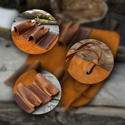 Handmade 4 Pocket Leather Tool Roll made from Crazy Horse leather by Sharky Forged Steel Tools