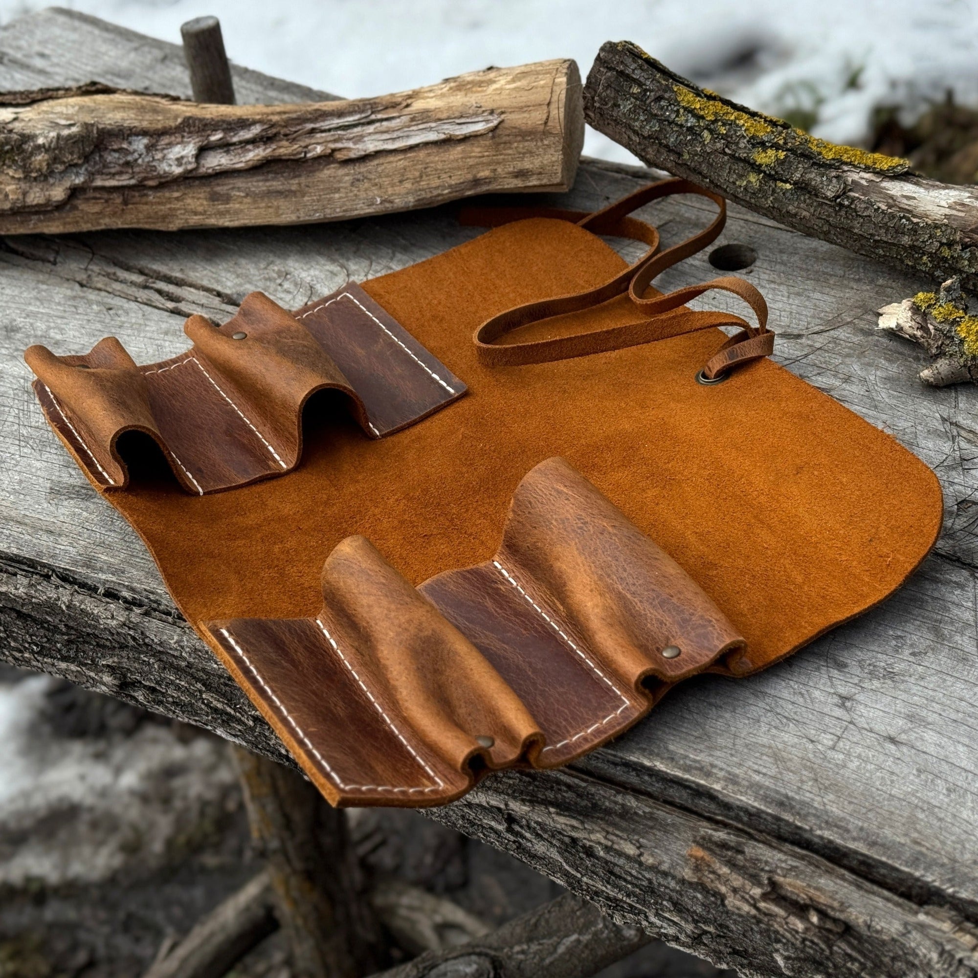 Handmade 4 Pocket Leather Tool Roll made from Crazy Horse leather by Sharky Forged Steel Tools