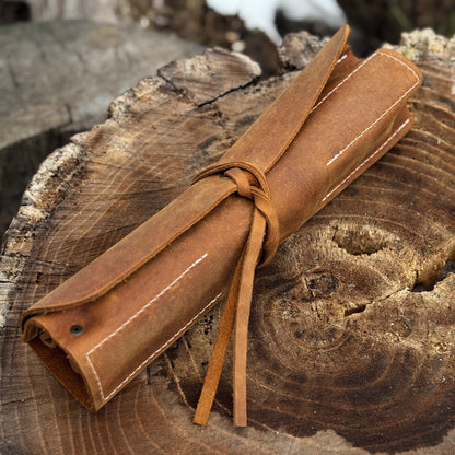 Handmade 4 Pocket Leather Tool Roll made from Crazy Horse leather by Sharky Forged Steel Tools