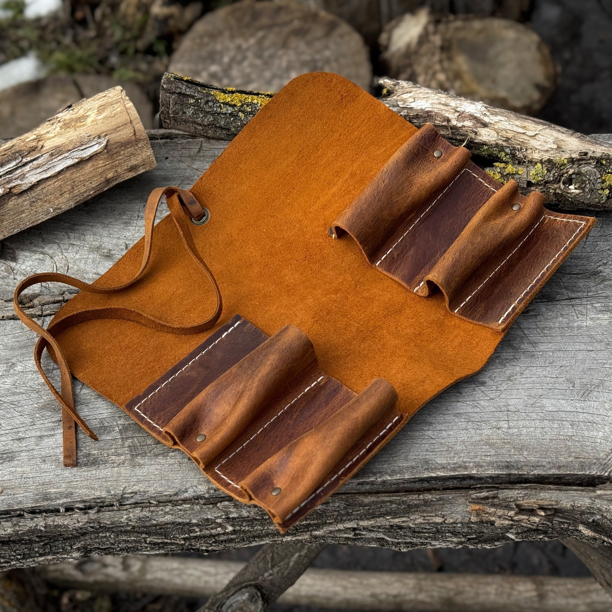 Handmade 4 Pocket Leather Tool Roll made from Crazy Horse leather by Sharky Forged Steel Tools