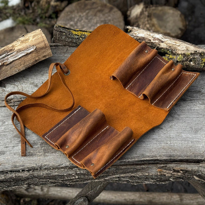 Handmade 4 Pocket Leather Tool Roll made from Crazy Horse leather by Sharky Forged Steel Tools