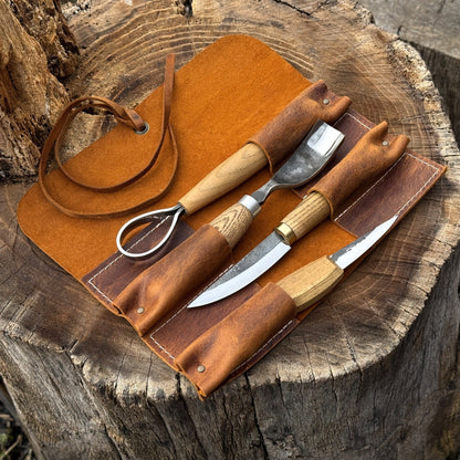 Handmade 4 Pocket Leather Tool Roll made from Crazy Horse leather by Sharky Forged Steel Tools