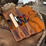 Handmade 4 Pocket Leather Tool Roll made from Crazy Horse leather by Sharky Forged Steel Tools
