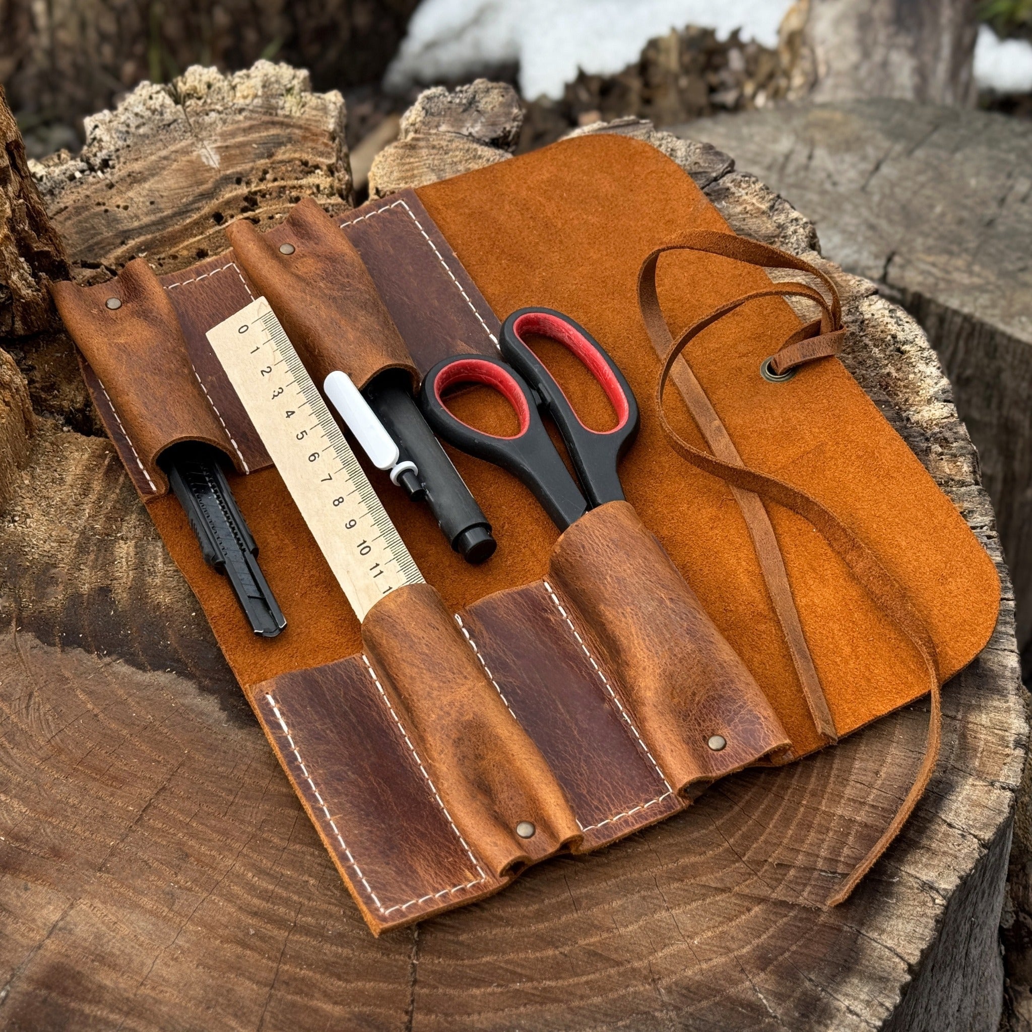 Handmade 4 Pocket Leather Tool Roll made from Crazy Horse leather by Sharky Forged Steel Tools