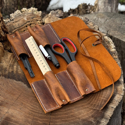 Handmade 4 Pocket Leather Tool Roll made from Crazy Horse leather by Sharky Forged Steel Tools
