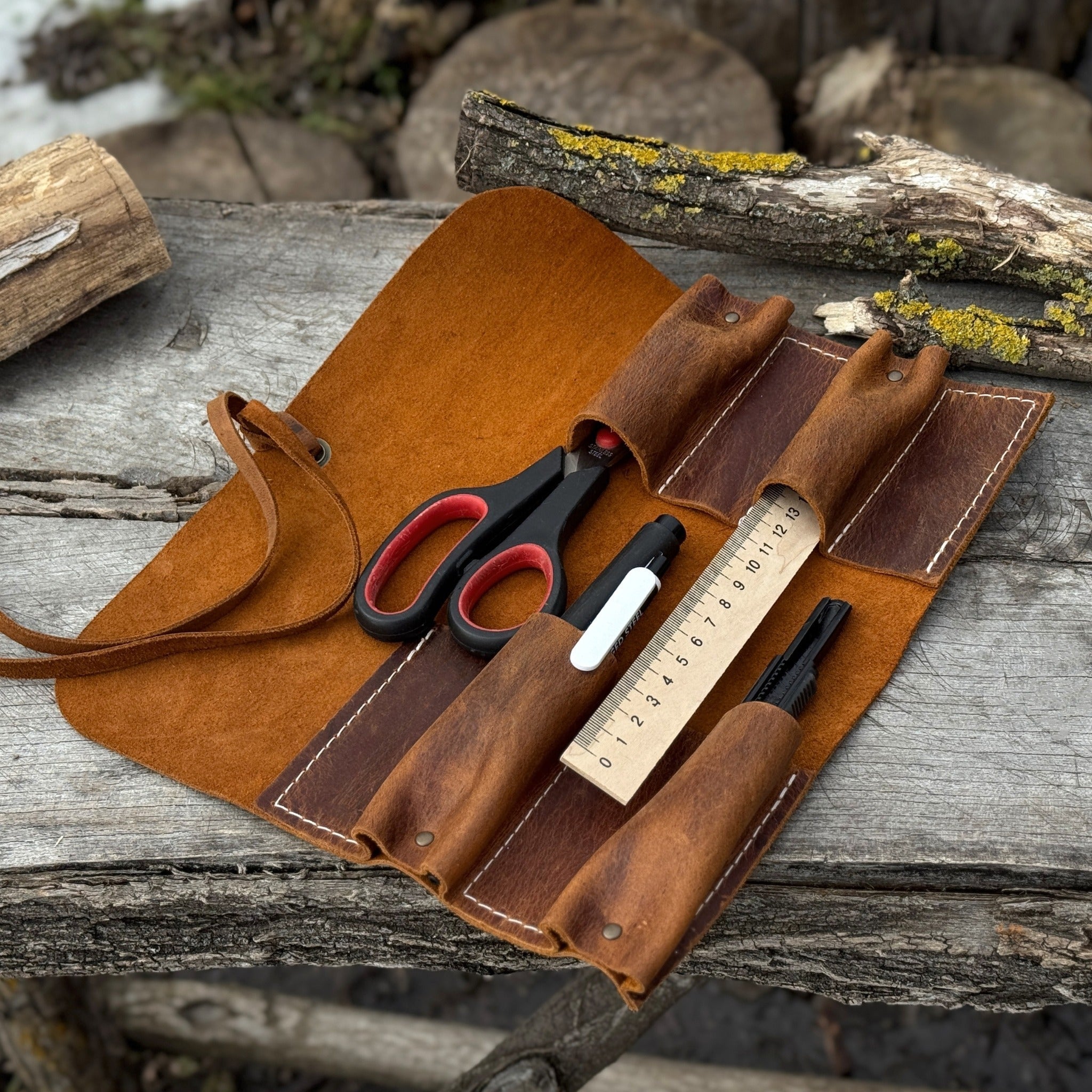 Handmade 4 Pocket Leather Tool Roll made from Crazy Horse leather by Sharky Forged Steel Tools