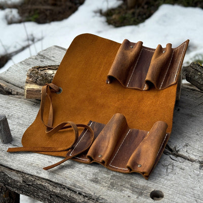 Handmade 4 Pocket Leather Tool Roll made from Crazy Horse leather by Sharky Forged Steel Tools