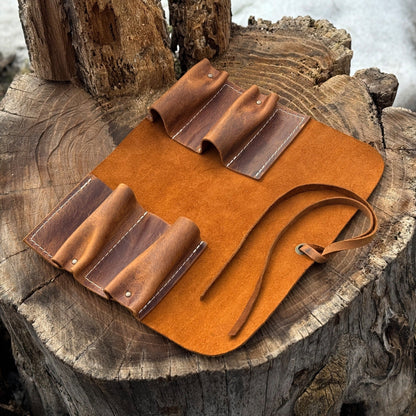 Handmade 4 Pocket Leather Tool Roll made from Crazy Horse leather by Sharky Forged Steel Tools