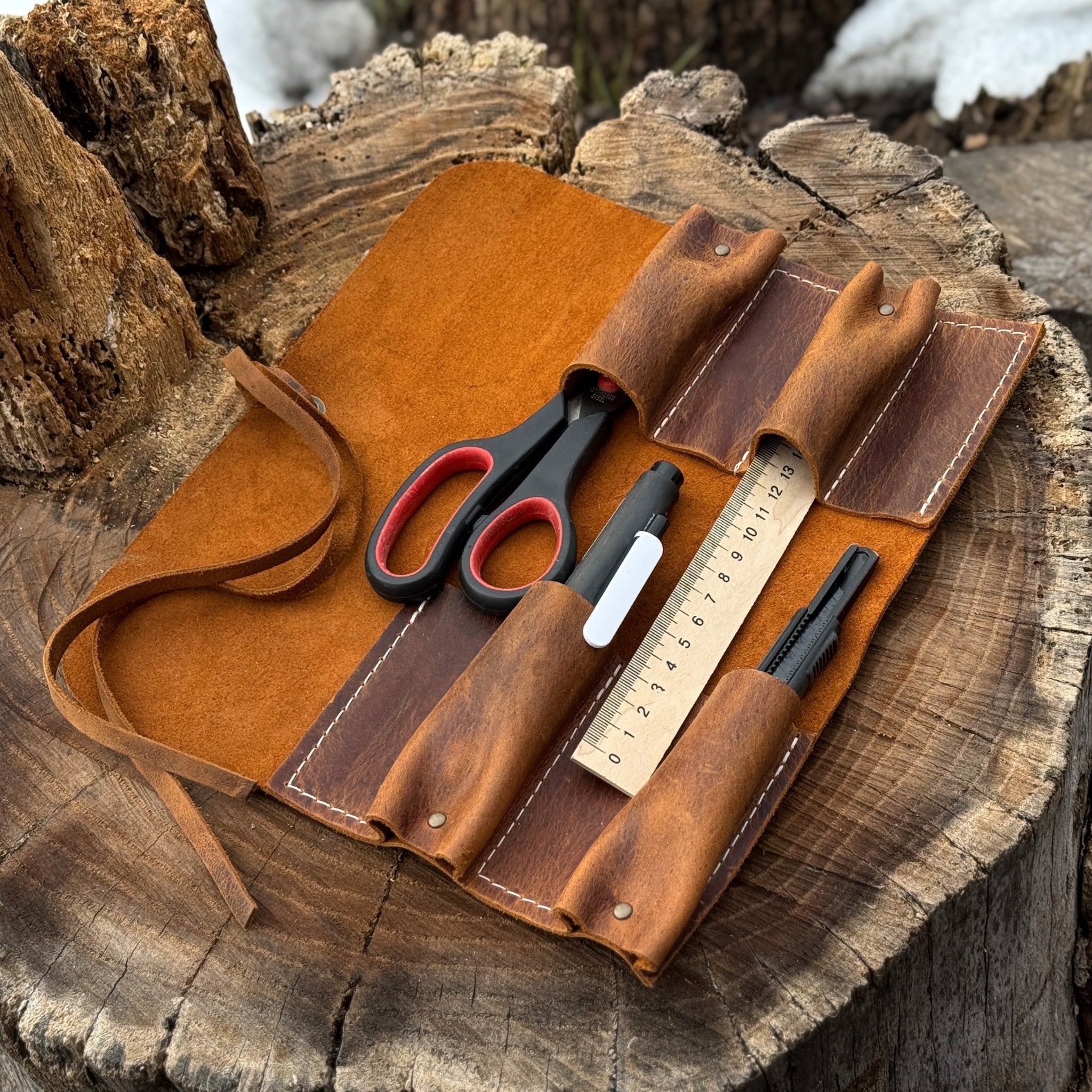 Handmade 4 Pocket Leather Tool Roll made from Crazy Horse leather by Sharky Forged Steel Tools