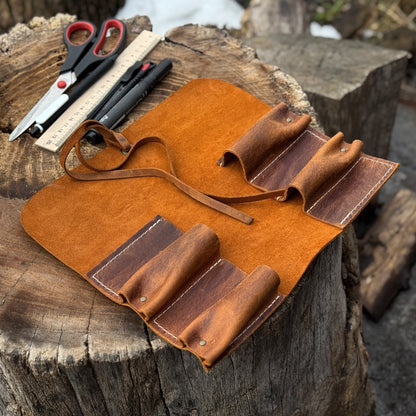 Handmade 4 Pocket Leather Tool Roll made from Crazy Horse leather by Sharky Forged Steel Tools