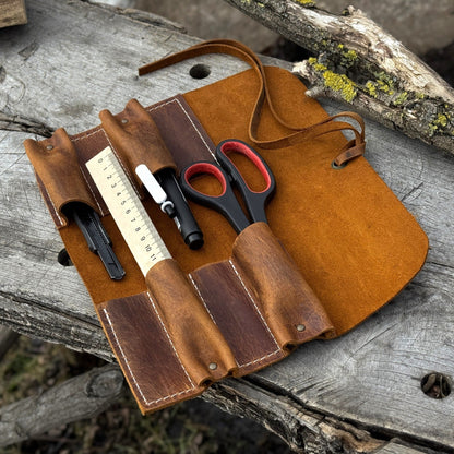 Handmade 4 Pocket Leather Tool Roll made from Crazy Horse leather by Sharky Forged Steel Tools