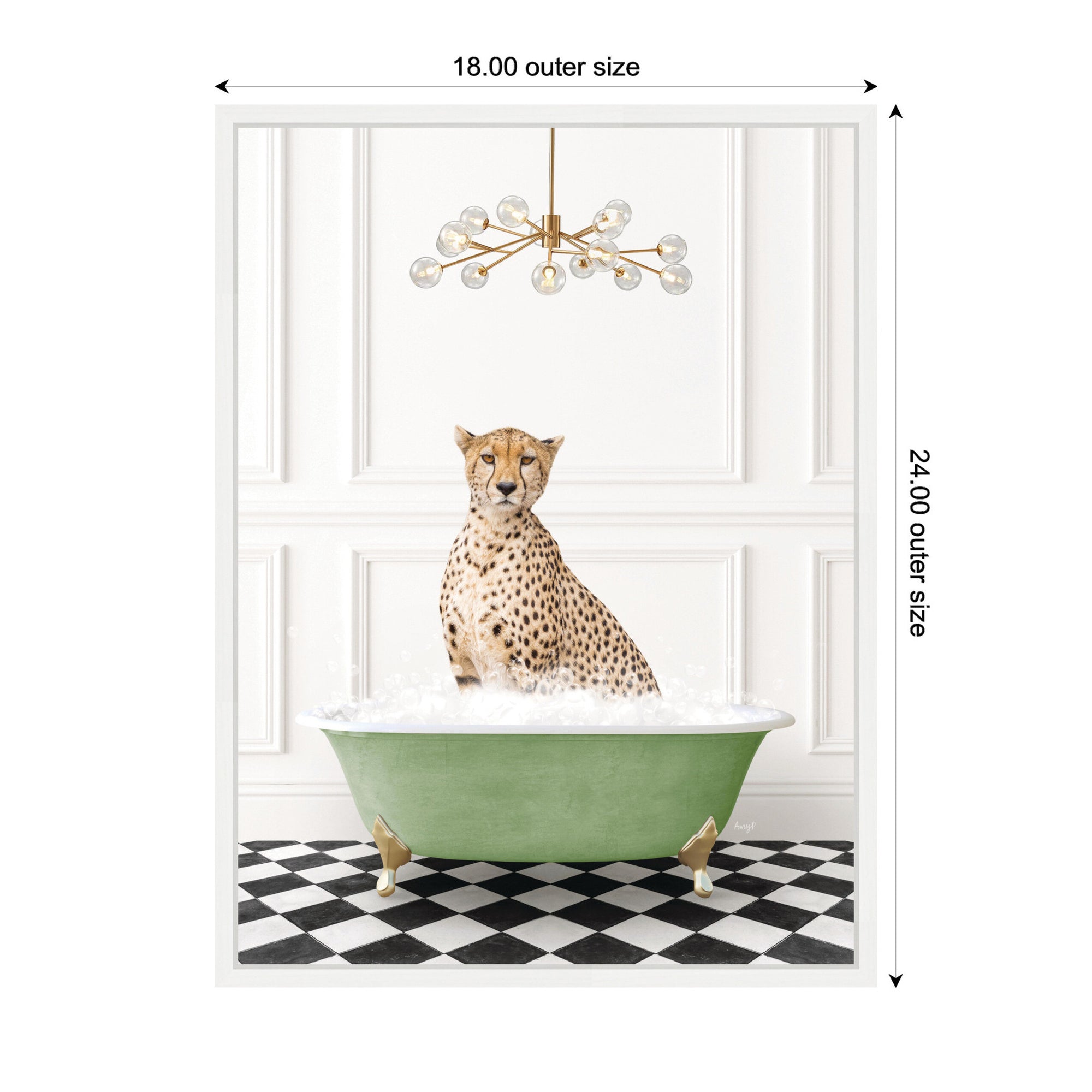 Sylvie Cheetah in Green Bathtub Checker Floor Framed Canvas