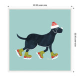 Illustration of a black Labrador Retriever wearing a red and white Santa hat and green ice skates, standing on a light blue background with a white border.