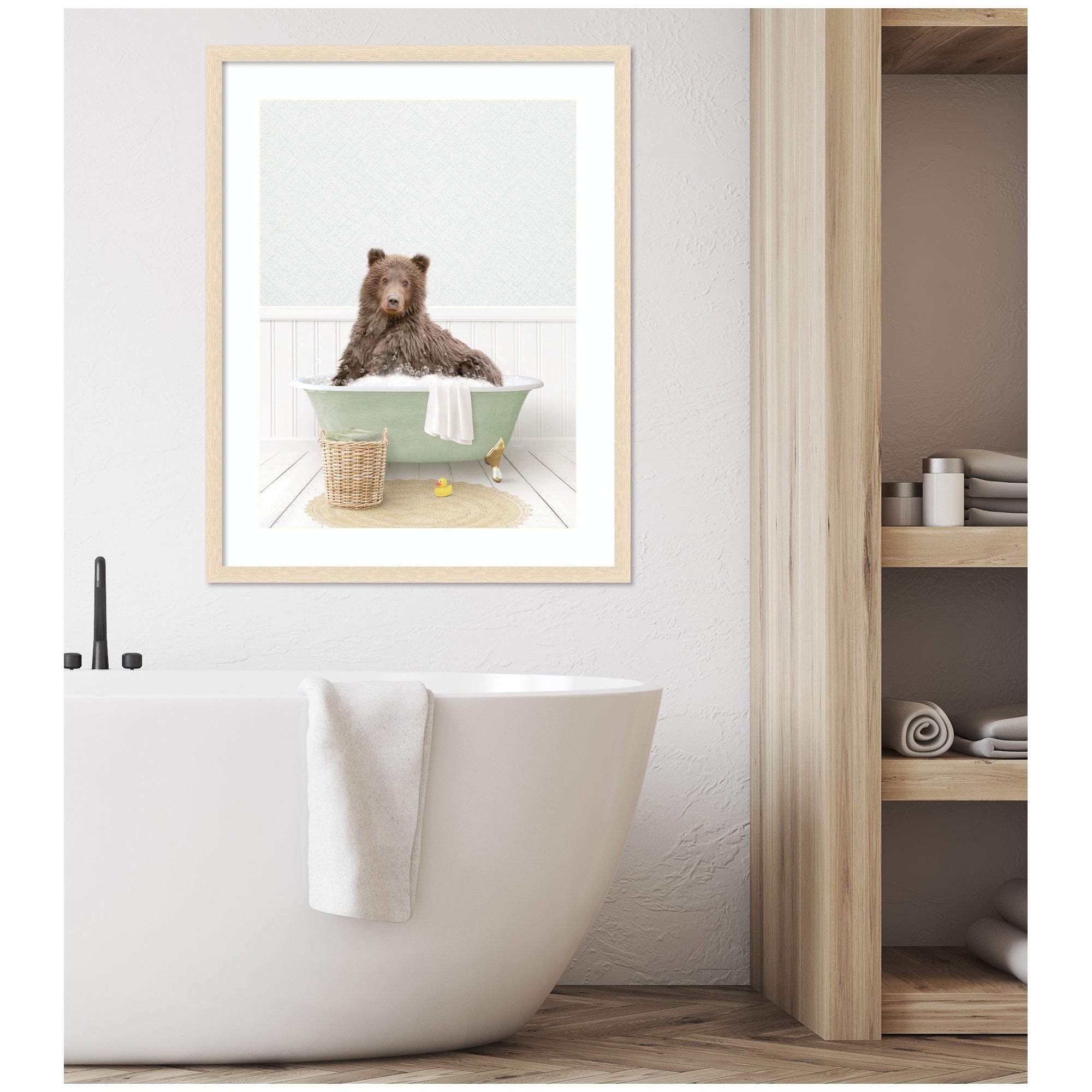 Bear in Cottage Green Bath by Amy Peterson Framed Wall Art Print