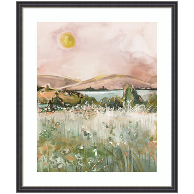 Framed Neutral Landscape 02 by Annie Quigley showing a serene watercolor scene with hills, lake, and meadows in warm light