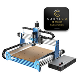 Compact PROVerXL 4030 CNC router with aluminum frame in blue and silver, wireless control box, and a Carveco 12-month subscription badge
