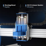 Close-up of a blue and silver moving head assembly on a CNC router with highlighted HG15 linear guides for rigidity and efficiency, shown on a dark background.