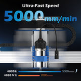 Close-up front view of a desktop CNC router spindle with motion blur, highlighting a top speed of 5000 mm/min set against a dark background with speed comparison bars.