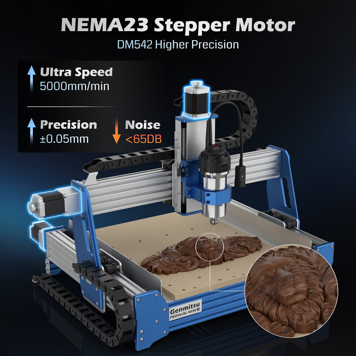 Blue and silver desktop CNC router machine with NEMA23 stepper motor engraving a detailed lion face on a wood surface, shown with performance stats overlayed.