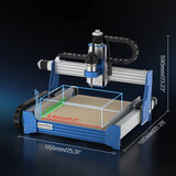 Blue and silver Genmitsu PROVerXL 4030S desktop CNC router with labeled cutting area dimensions and a flexible cable carrier arm on a black gradient background