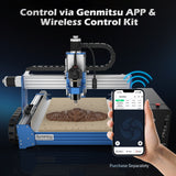 Blue and silver PROVerXL 4030S desktop CNC router carving a floral design on wood, controlled wirelessly via Genmitsu app shown on smartphone held in hand