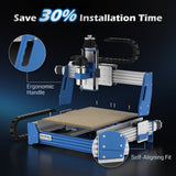 Exploded view of a blue and silver Genmitsu PROVerXL 4030S desktop CNC router with highlighted ergonomic handle and self-aligning fit features.