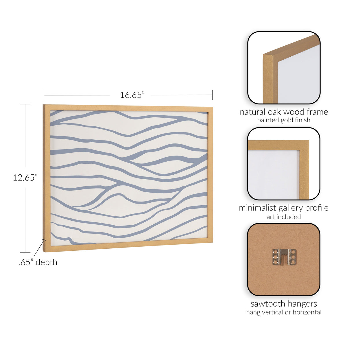 Minimalist coastal waves print with flowing gray lines on white, framed in natural oak wood with a gold finish and a slim gallery profile.