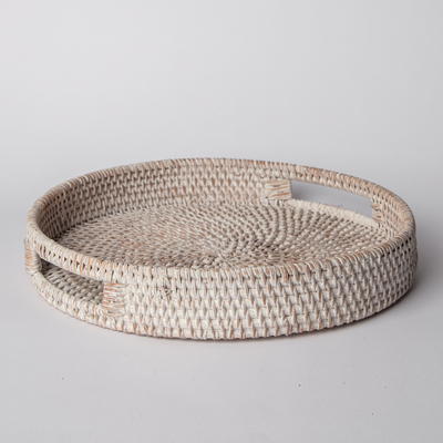 404 Round Rattan Tray — Decorative White Woven Tray by Porto Boutique - main product image for Resin Society