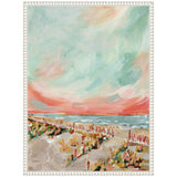 Impressionistic beach scene with a walkway and fence leading toward the ocean under a vibrant sky of soft blue, pink, and coral hues framed with a white carved border.